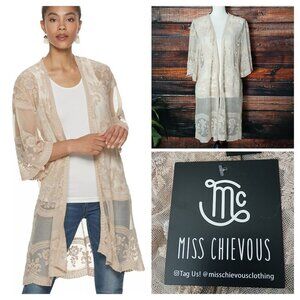 NWT Miss Chievous S M Sheer Embroidered Lace Mesh Cardigan Kimono Top Doeskin